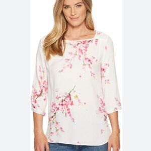 Joules Tunic Top Blouse Sz 12 US White Pink Cherry Blossom Floral Hi Low Soft